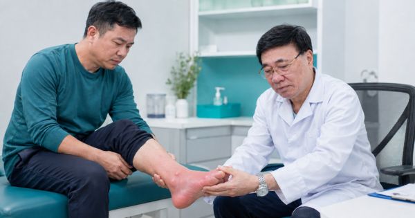 Bác sĩ Phan Đình Long khám cho bệnh nhân bị gout