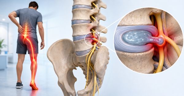 Nhân nhầy đĩa đệm thoát khỏi vị trí bình thường, chèn ép rễ thần kinh và gây đau thắt lưng lan theo rễ thần kinh xuống chân