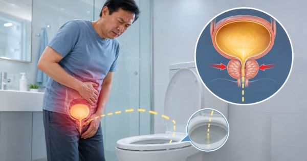 Nhịn tiểu lâu làm bàng quang căng gây tia tiểu ngắt quãng ở nam giới