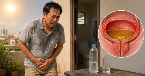 Uống ít nước mùa nóng làm nước tiểu cô đặc gây kích thích bàng quang