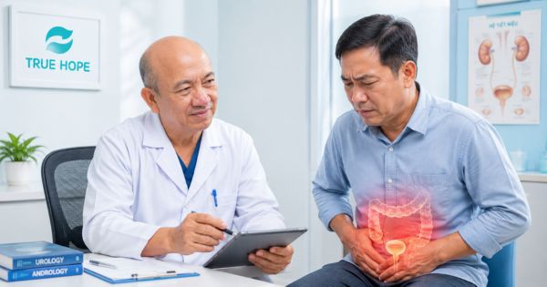 BSCKII Lê Bá thăm khám cho bệnh nhân bị táo bón kèm khó tiểu