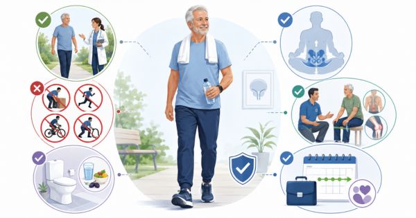 Vận động và phục hồi sau can thiệp tuyến tiền liệt với đi lại nhẹ nhàng, tránh gắng sức và tập luyện theo hướng dẫn.