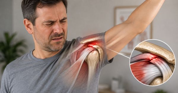 Đau vai mỗi khi giơ tay do gân chóp xoay bị sưng cọ xát với mỏm cùng vai