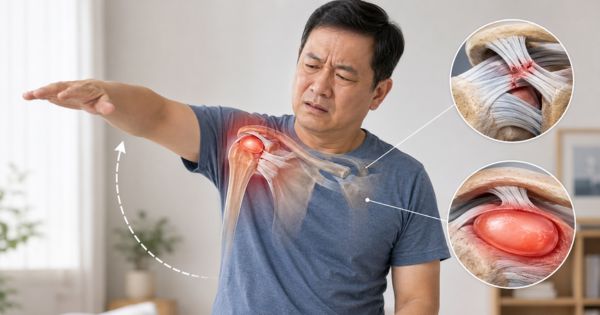 Đông cứng khớp vai viêm dính bao khớp gây đau và cứng vai kéo dài nhiều tháng