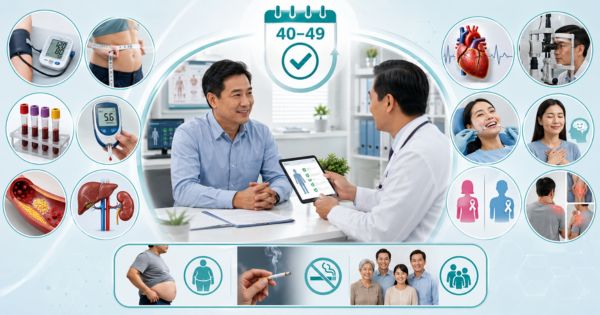 Người 40–49 tuổi khám sức khỏe hằng năm để kiểm tra huyết áp, đường huyết, mỡ máu, tim mạch và tầm soát nguy cơ bệnh theo độ tuổi.