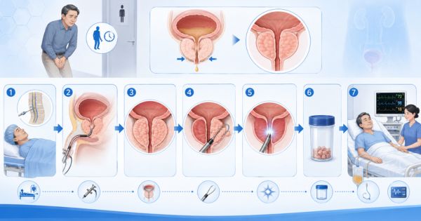 Mô phỏng quy trình mổ nội soi tuyến tiền liệt TURP từ gây tê, đưa ống nội soi, cắt mô tắc nghẽn, cầm máu đến đặt ống thông và theo dõi sau mổ.