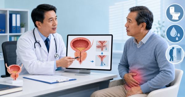 Bác sĩ trao đổi với bệnh nhân sau khi điều trị u xơ tuyến tiền liệt