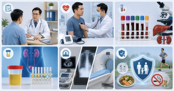 Minh họa các hạng mục khám tổng quát khi chưa có triệu chứng gồm khám lâm sàng, xét nghiệm máu, nước tiểu, chẩn đoán hình ảnh và tư vấn phòng bệnh.