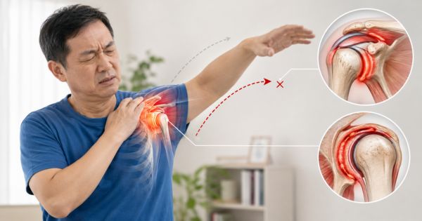 Viêm quanh khớp vai gây đau khi giơ tay xoay vai mặc áo hoặc nằm nghiêng