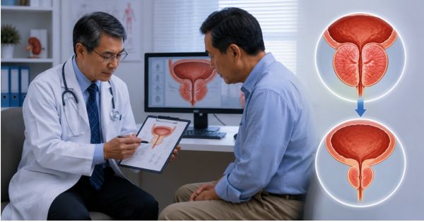 Bác sĩ thăm khám cho bệnh nhân phì đại tuyến tiền liệt trước khi cho dùng thuốc