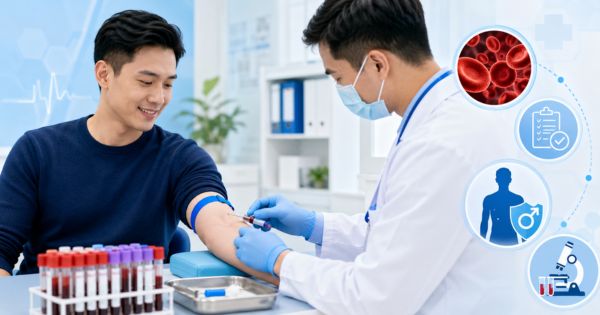 Nam giới được lấy mẫu máu để kiểm tra các chỉ số sức khỏe tại phòng khám