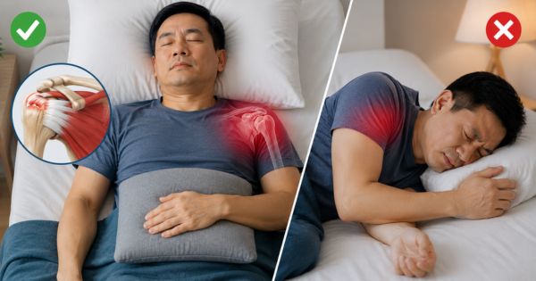 Giữ cánh tay tư thế thoải mái tránh nằm đè lên vai đau khi chưa rõ nguyên nhân