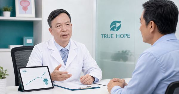 Bác sĩ tư vấn cho bệnh nhân về chỉ số PSA tăng