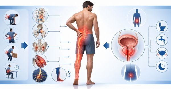 Đau lưng, đau vùng chậu có thể do cơ xương hoặc tuyến tiền liệt