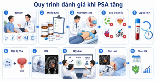 Sơ đồ quy trình đánh giá khi PSA tăng trong bệnh lý tuyến tiền liệt