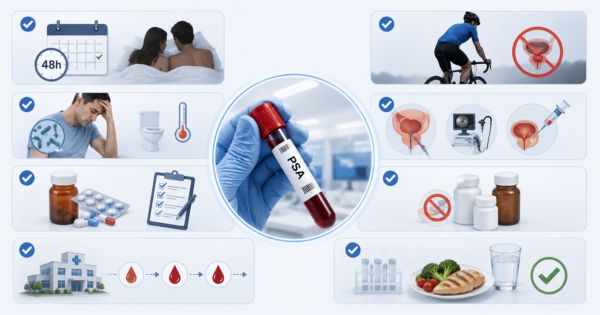 Chuẩn bị trước khi xét nghiệm PSA gồm tránh xuất tinh, hạn chế đạp xe, báo triệu chứng nhiễm khuẩn và thuốc đang dùng